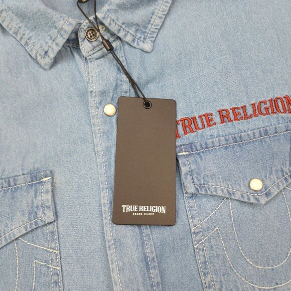 True Religion Light Blue Chambray Long Sleeve Shirt M Snaps Denim Chest Pockets - Picture 11 of 13